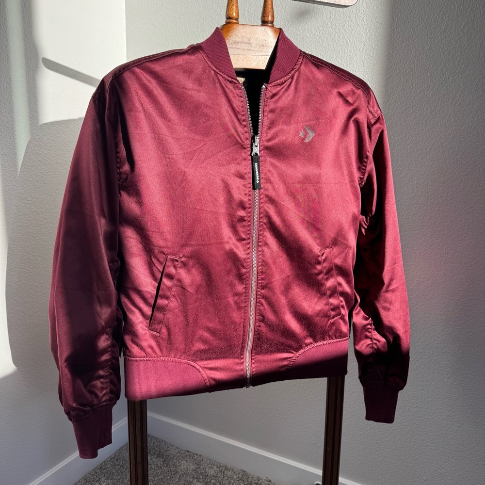 Converse Satin Bomber Jacket — Burgundy— Camo Lining — XS (unisex fit)